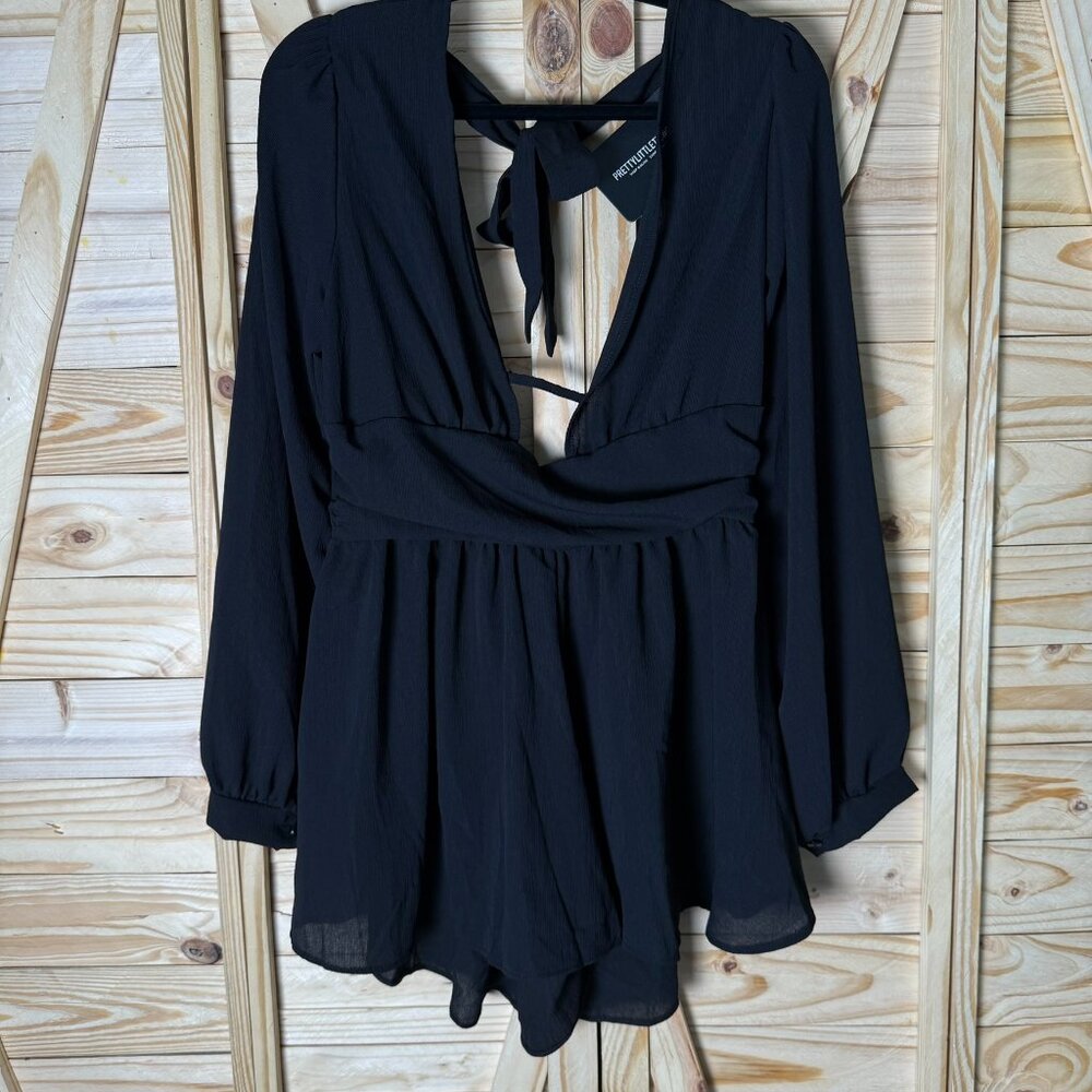 NWT, Medium, Black, Plunge Neck and Back, Romper, PrettyLittleThing